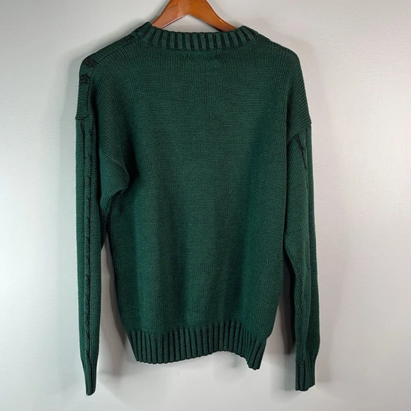VINTAGE 90’s Men’s Grandpa Sweater Forest Green Black Cable Knit Drop Shoulder S - Picture 6 of 10